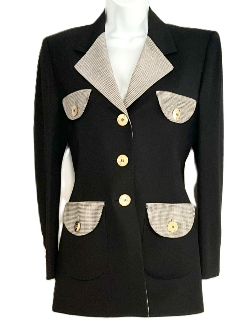 Vintage ESCADA Black Gold Button Contrast Trim Blazer Jacket Size 36 Germany